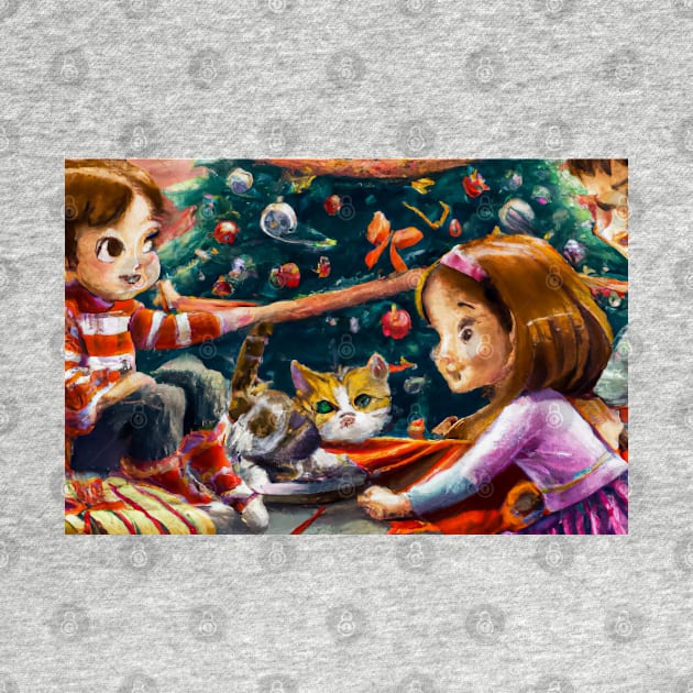 A brother and sister and cat on Christmas morning - Greeting Card by JohnCorney